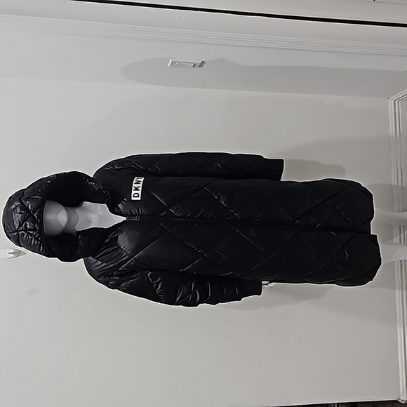DKNY Jeans Diamond Quilted Hooded Water Resistant Coat Puffer Size XL Black - Picture 2 of 14